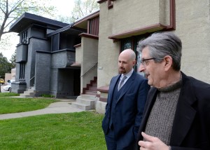 Sean Malone, CEO of the Frank Lloyd Wright Foundation, left, tours Frank Lloyd Wright in Wisconsin's Burnham Street project, Wednesday April 18, 2012 with Robert Hartmann, president of the organization. / © Mark Hertzberg